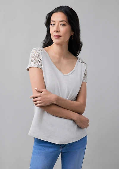 Crochet Insert V Neck Tee Stone