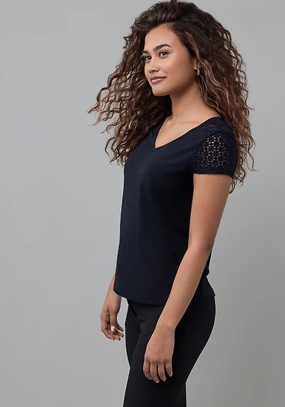Crochet Insert V Neck Tee Black