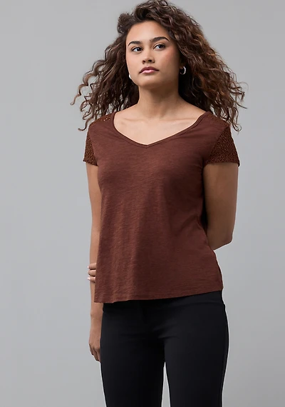 Crochet Insert V Neck Tee Coconut