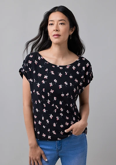 Rouched Shoulder Boat Neck Tee Black Floral