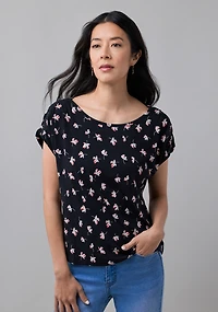 Rouched Shoulder Boat Neck Tee Black Floral