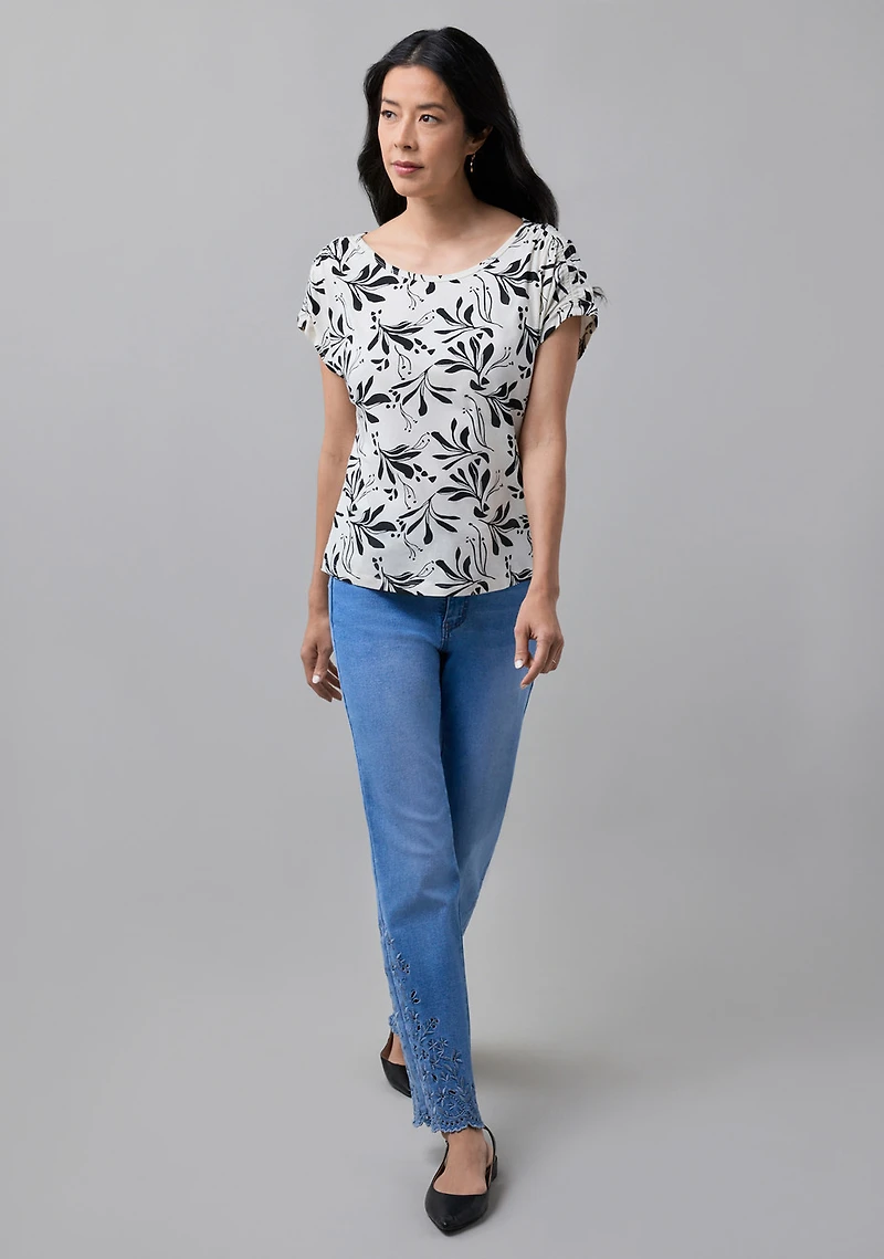 Rouched Shoulder Boat Neck Tee Ecru Leaf