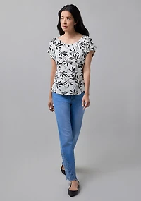 Rouched Shoulder Boat Neck Tee Ecru Leaf