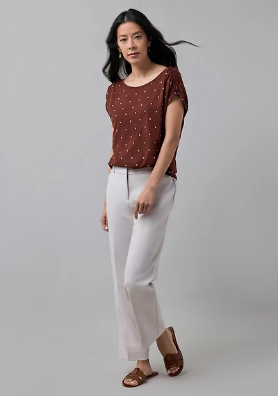 Rouched Shoulder Boat Neck Tee Coconut Dot
