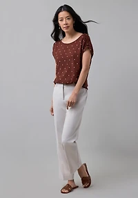 Rouched Shoulder Boat Neck Tee Coconut Dot
