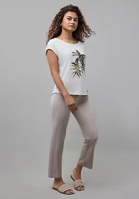 Rouched Shoulder Boat Neck Tee Ecru Palm