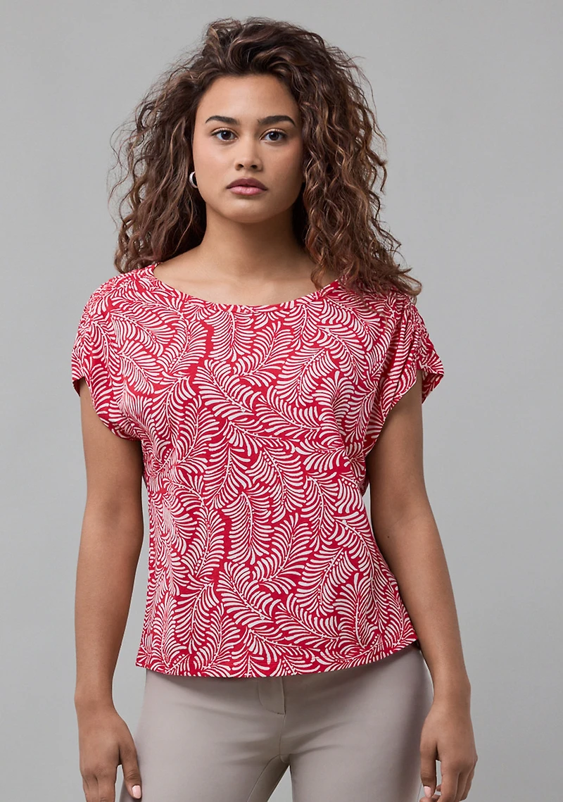 Rouched Shoulder Boat Neck Tee Crimson Leaf