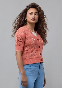 Elbow Sleeve Short Button Cardigan Salmon
