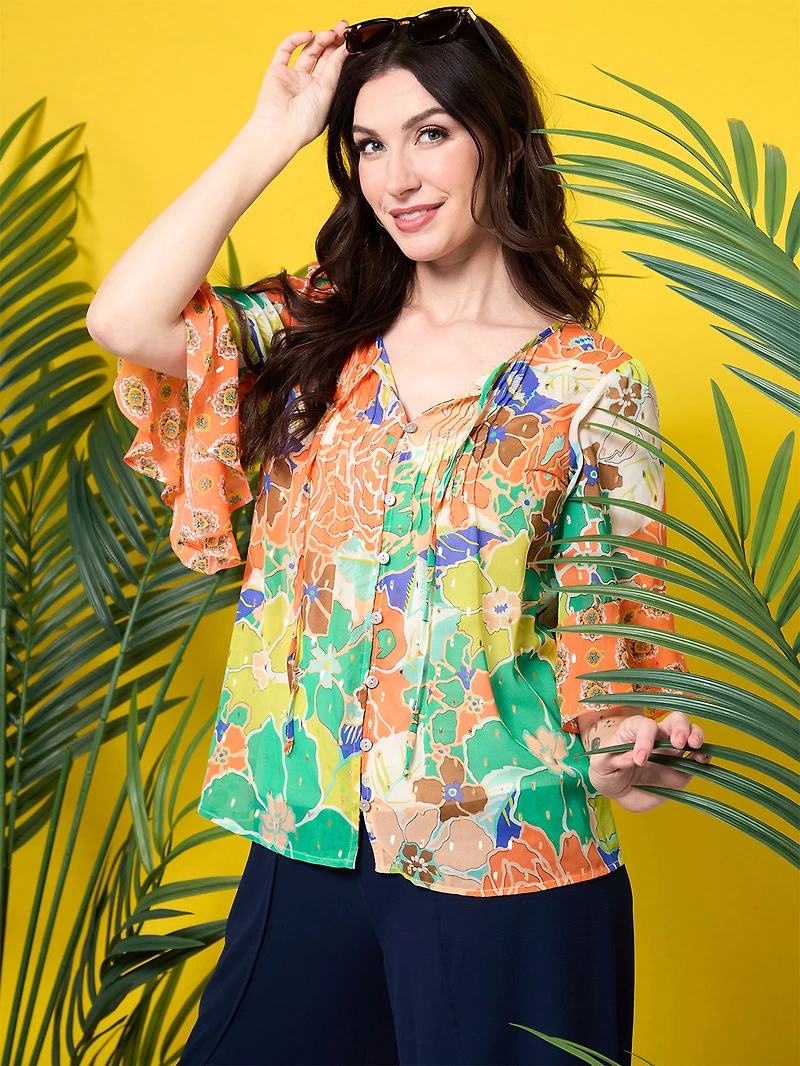 Ruffled Coral Multi Print Kimono Sleeve Blouse