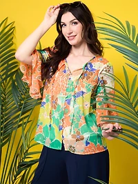 Ruffled Coral Multi Print Kimono Sleeve Blouse