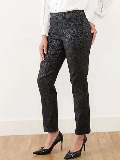 Emily Microtwill Slim Leg Black Pant with Silver Print