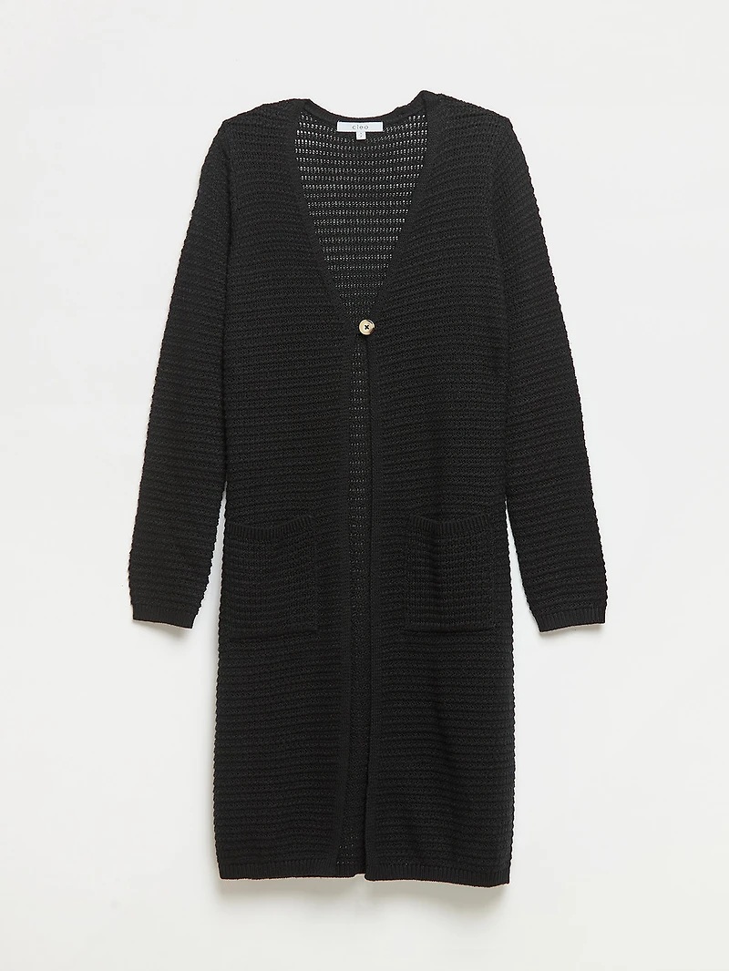 Long Textured Black Cardigan Sweater