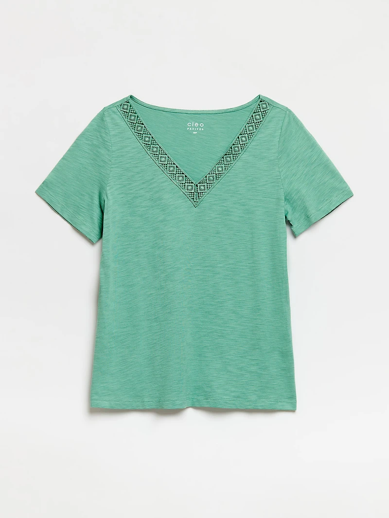 Petite Short Sleeve Sage Crochet V-Neck T-Shirt