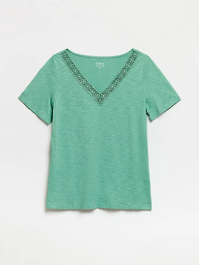 Petite Short Sleeve Sage Crochet V-Neck T-Shirt