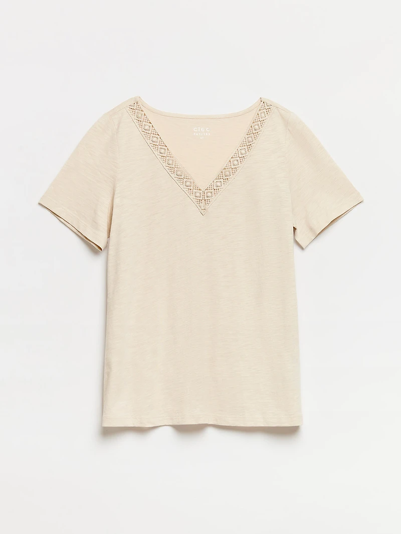 Petite Short Sleeve Sand Crochet V-Neck T-Shirt