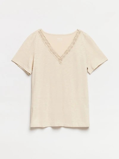 Petite Short Sleeve Sand Crochet V-Neck T-Shirt