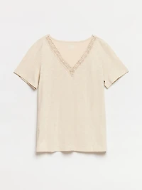 Petite Short Sleeve Sand Crochet V-Neck T-Shirt