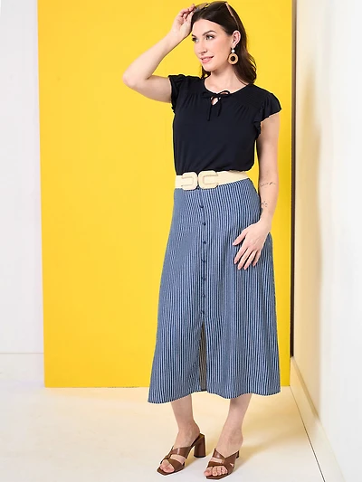 Button Front Skirt in Navy/White Stripe
