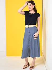 Button Front Skirt in Navy/White Stripe