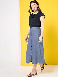 Button Front Skirt in Navy/White Stripe