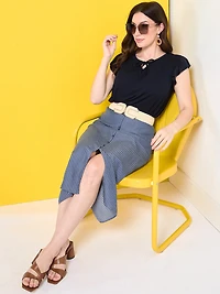 Button Front Skirt in Navy/White Stripe