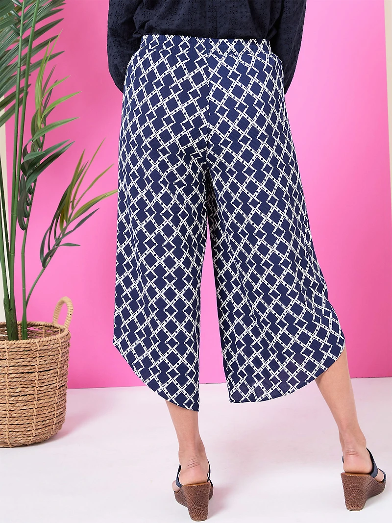 Crepe Tulip Leg Pant in Navy/White Geo