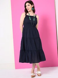 Eyelet Smocked Midi Dress in Navy