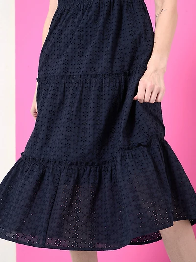 Eyelet Smocked Midi Dress in Navy