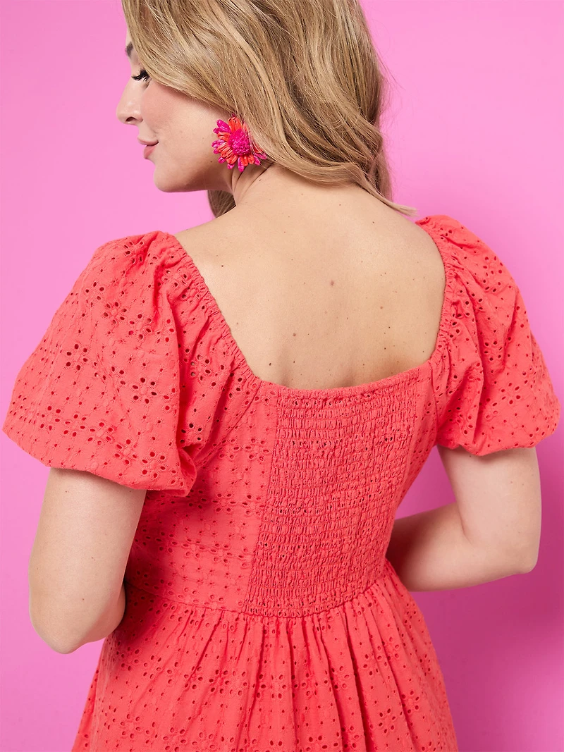 Petite Eyelet Puff Sleeve Dress in Papaya