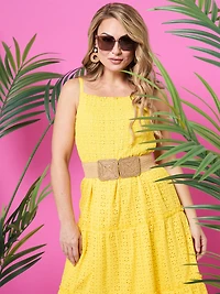 Petite Eyelet Smocked Midi Dress in Yellow