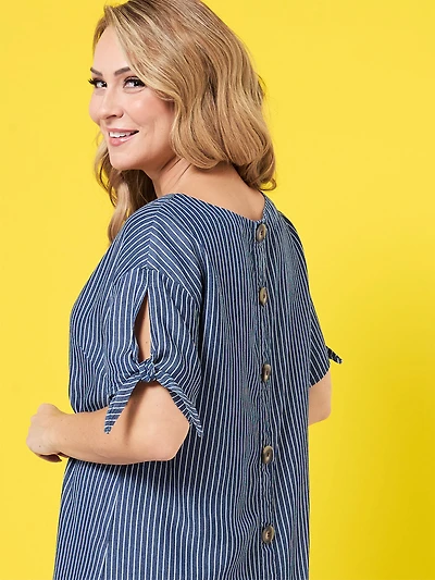 Petite Tie Sleeve Button-Back Dress in Blue/White