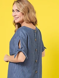 Petite Tie Sleeve Button-Back Dress in Blue/White