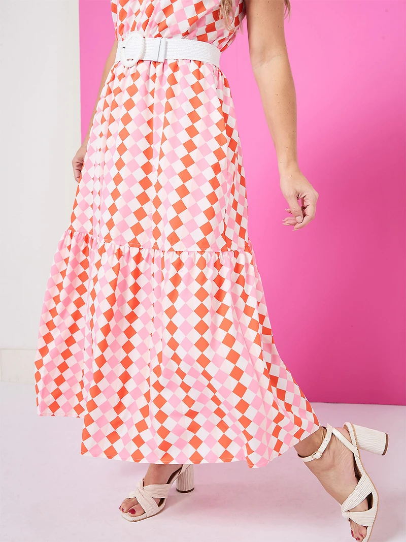 Petite Woven Maxi Dress with Belt in Orange/Stone