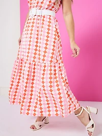 Petite Woven Maxi Dress with Belt in Orange/Stone