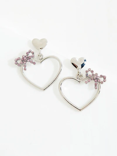 Silver Heart with Pink Pave Bow Earrings