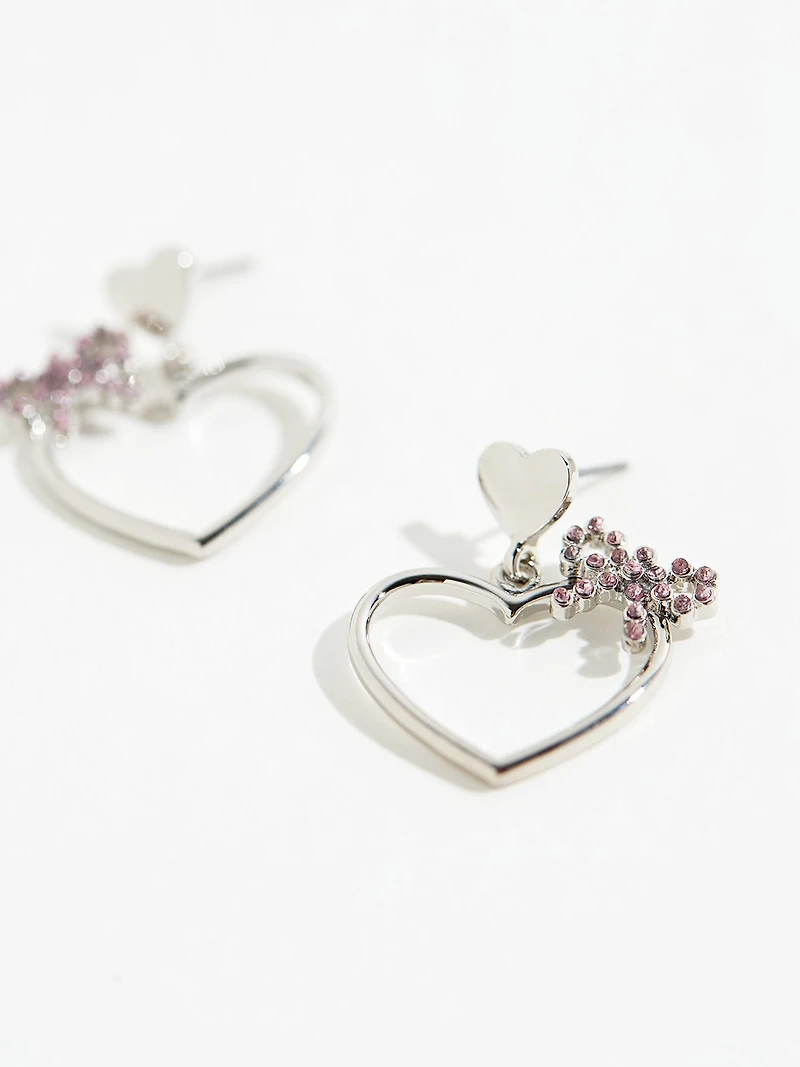 Silver Heart with Pink Pave Bow Earrings