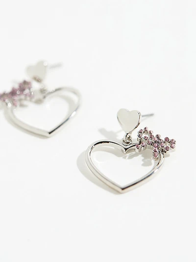 Silver Heart with Pink Pave Bow Earrings