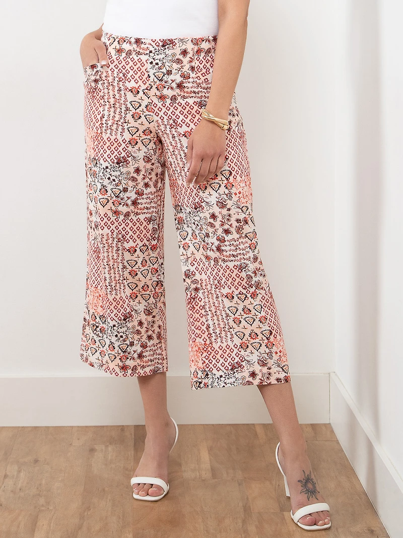 Tonia Floral Patchwork Linen-Blend Wide Crop Pant