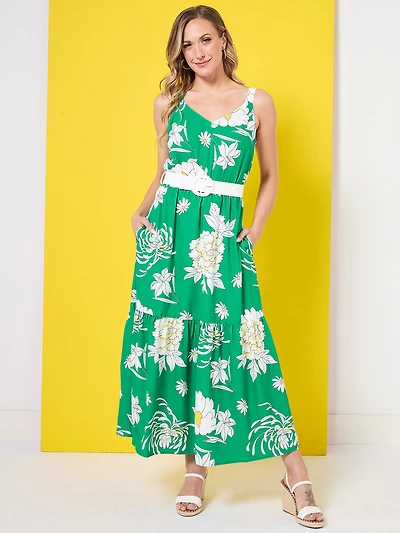 Woven Maxi Dress with Belt in Kelly Green