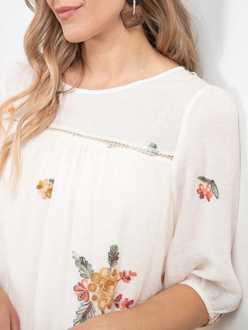 Embroidered Peasant Blouse in Ivory