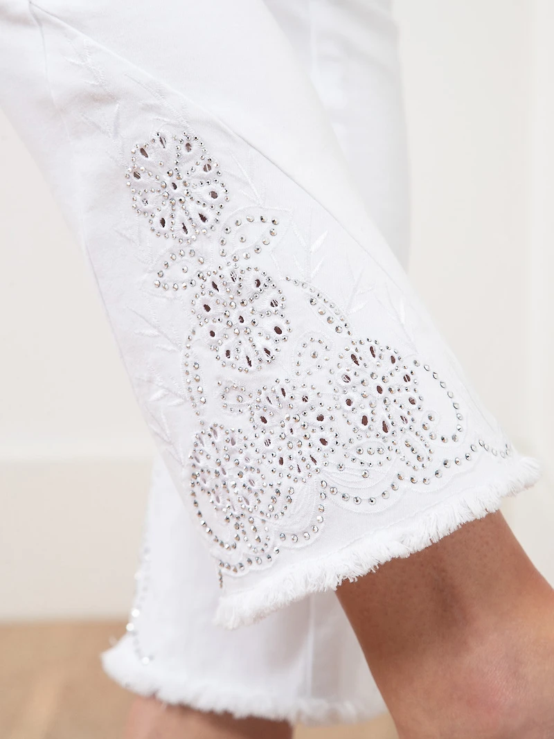 Embroidered White Ankle Flare Jean