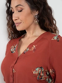 Petite Elbow Sleeve Embroidered Blouse in Terracotta