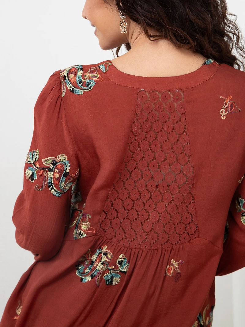 Petite Elbow Sleeve Embroidered Blouse in Terracotta