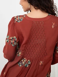 Petite Elbow Sleeve Embroidered Blouse in Terracotta