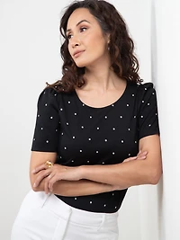 Petite Short Sleeve Knit Gathered T-Shirt in Black /Polka Dot
