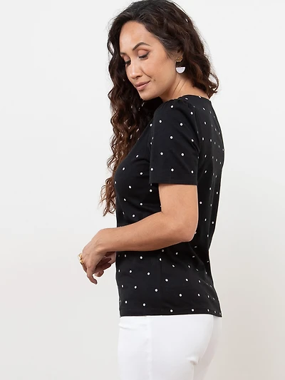 Petite Short Sleeve Knit Gathered T-Shirt in Black /Polka Dot