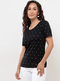 Petite Short Sleeve Knit Gathered T-Shirt in Black /Polka Dot