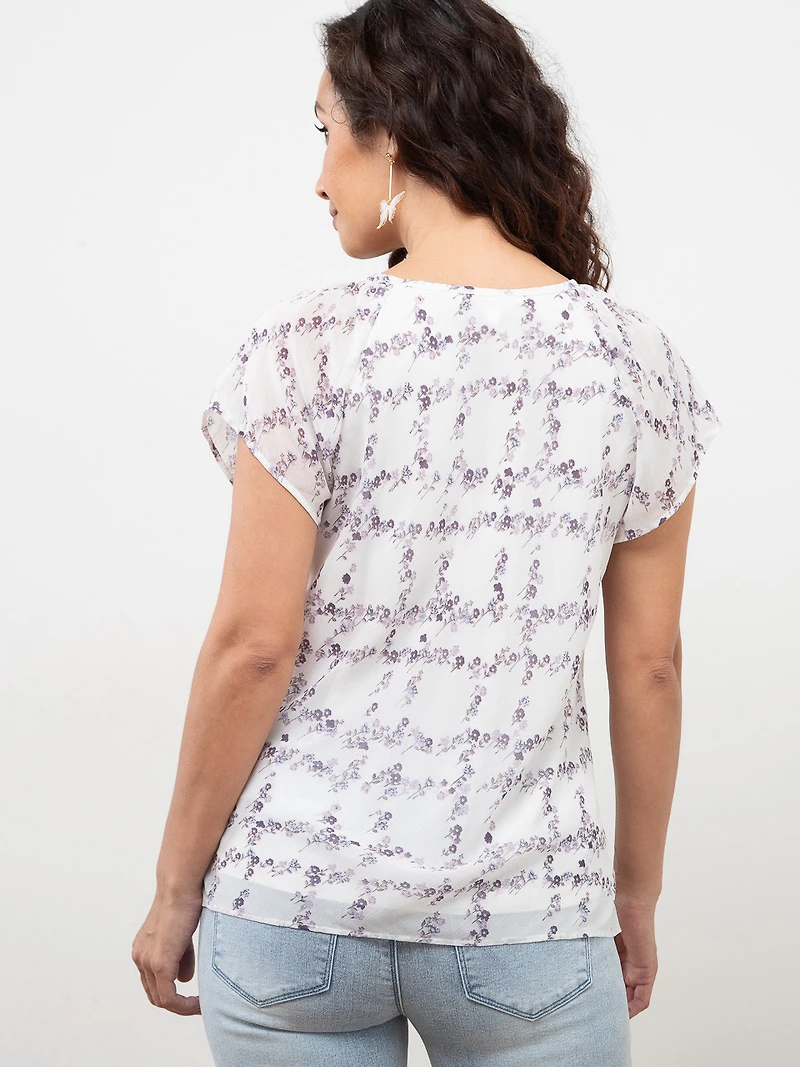 Petite Tulip Front Chiffon Blouse in Purple Print