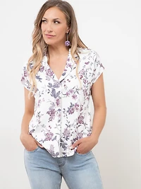 Relaxed Back Button Blouse in Dusty Purple Floral