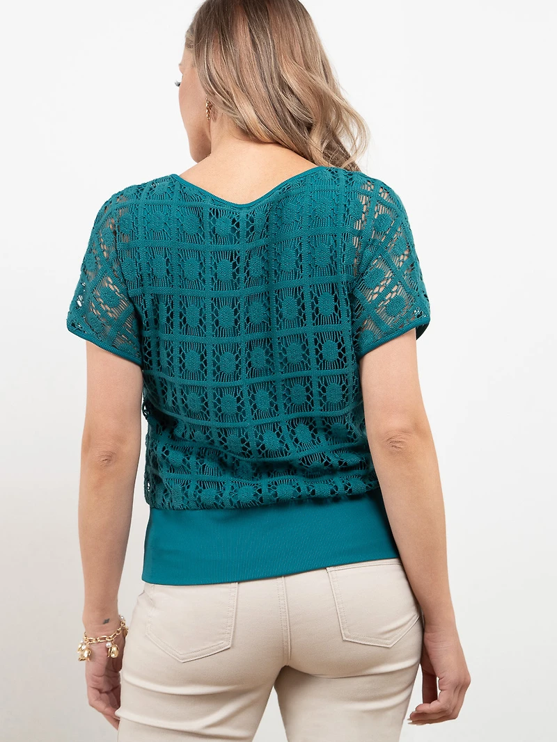 Short Sleeve Crochet Layered Top in Peacock